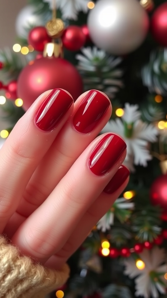 Short deep red nails with a glossy finish, surrounded by Christmas ornaments and lights.